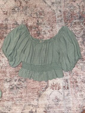 Altar'd State Sage Green Puff-Sleeve Smocked Crop Top
